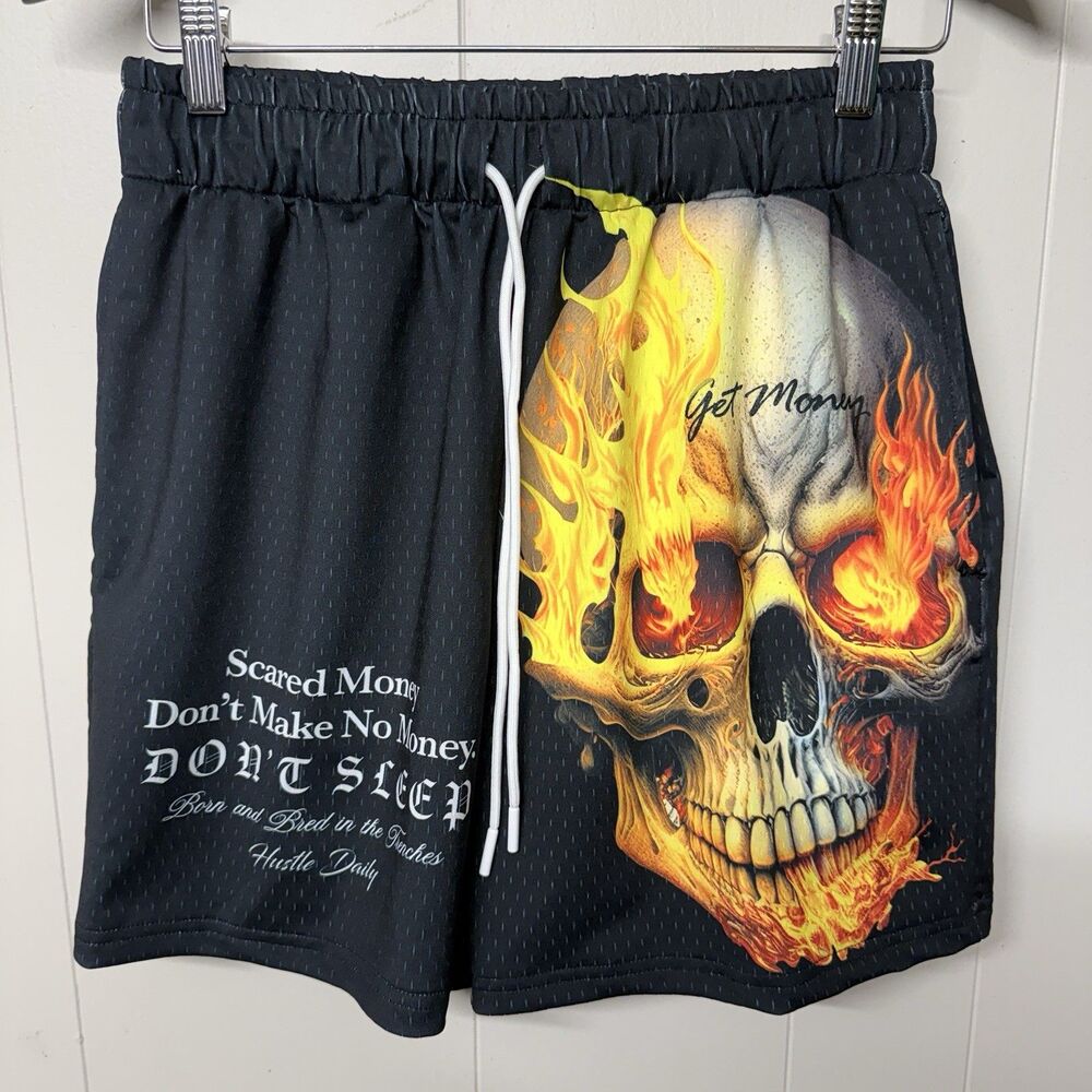 Hasta Muerte Scared Money Shorts Streetwear Black Mesh Flaming Skull Men M NWT